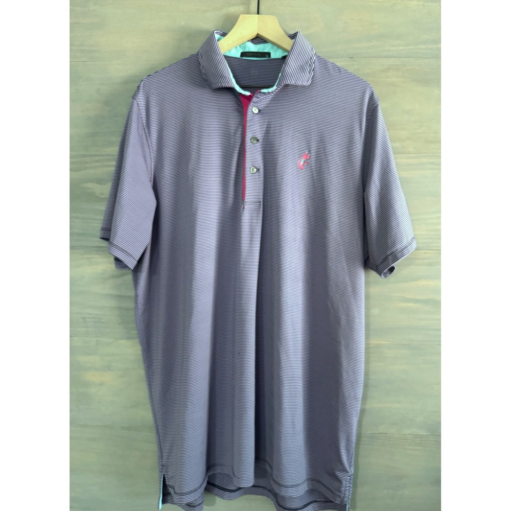 Greyson Golf Performance Wolf Print Purple Stripe Polo Shirt‎ Size XL Hit Logo